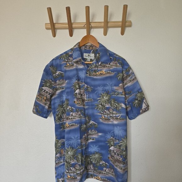 Island Shores Hawaiian Shirt Mens Medium Blue Tropical Palm Tree Beach Aloha - Picture 3 of 10